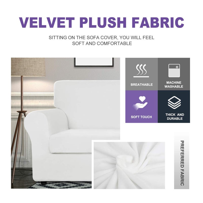 ZNSAYOTX Luxury Velvet Sofa Cover 3 Piece (57"-70") Stretch Loveseat Covers for 2 Cushion Couch Thick Soft Couch Slipcover with Non Slip Strap, Dog Pet Friendly Nice Furniture Protector (White) - Image 3